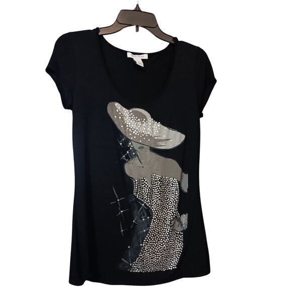 WHBM Beaded Top Shirt Size Small Stretchy Shiny Bling Art to Wear Black Silver - Picture 7 of 8